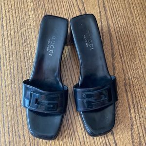 GUCCI WOOD AND LEATHER OPEN TOE SHOES . Made in ITALY. Size 7,5 B .
